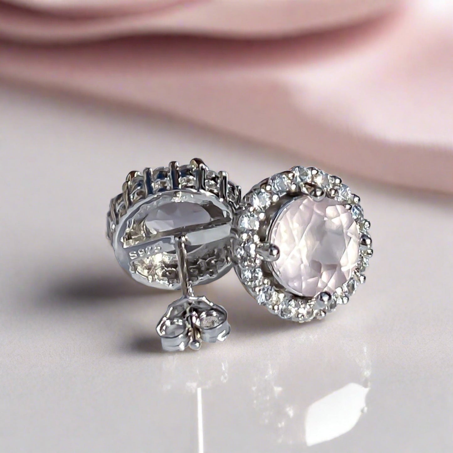 EIGHTMOON Timeless Rose Quartz Halo Stud Earrings. 925 sterling silver