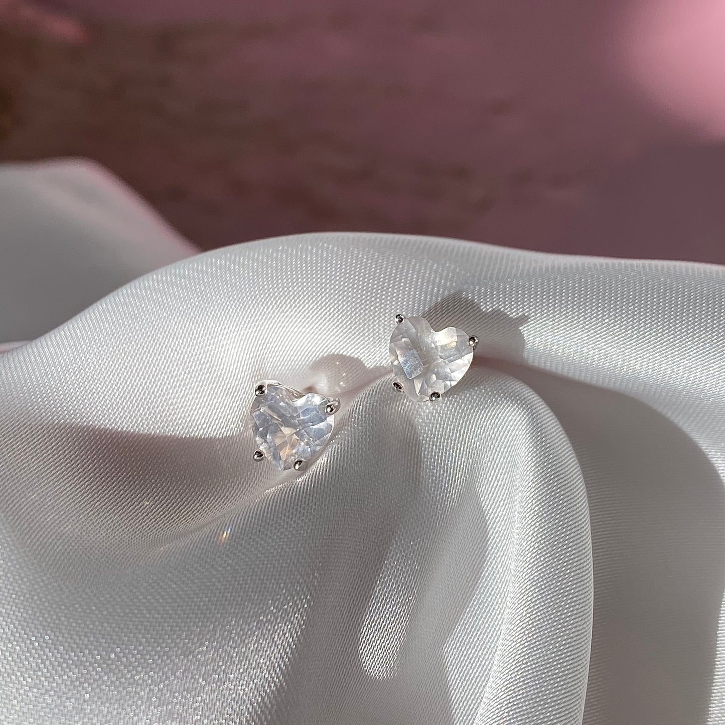 EIGHTMOON Crystal Rose Quartz Heart Stud Earrings, 925 Sterling Silver