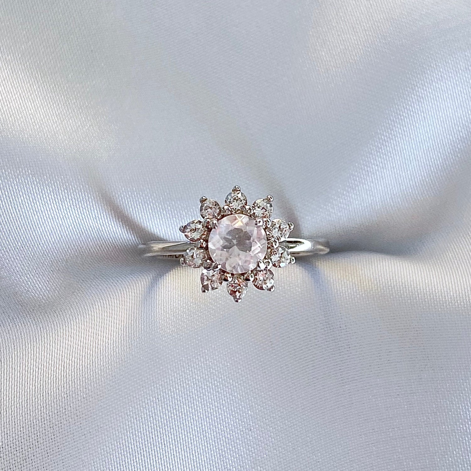 EIGHTMOON Flower Petal Rose Quartz Halo Ring, 925 Sterling Silver