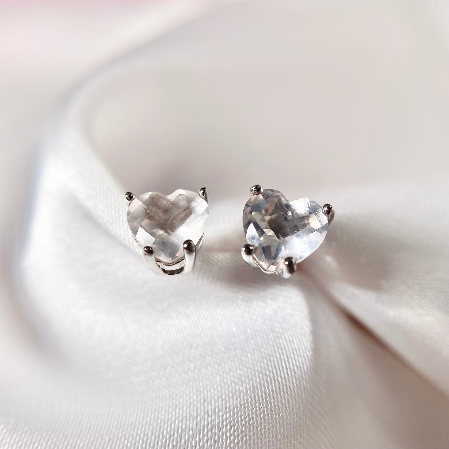 EIGHTMOON Crystal Rose Quartz Heart Stud Earrings, 925 Sterling Silver