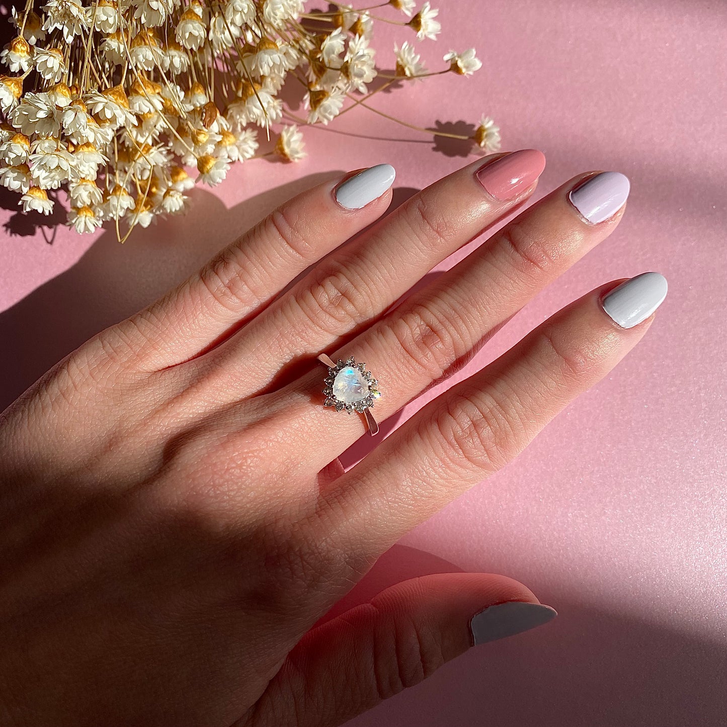 EIGHTMOON Halo Heart Moonstone Ring, 925 Sterling Silver