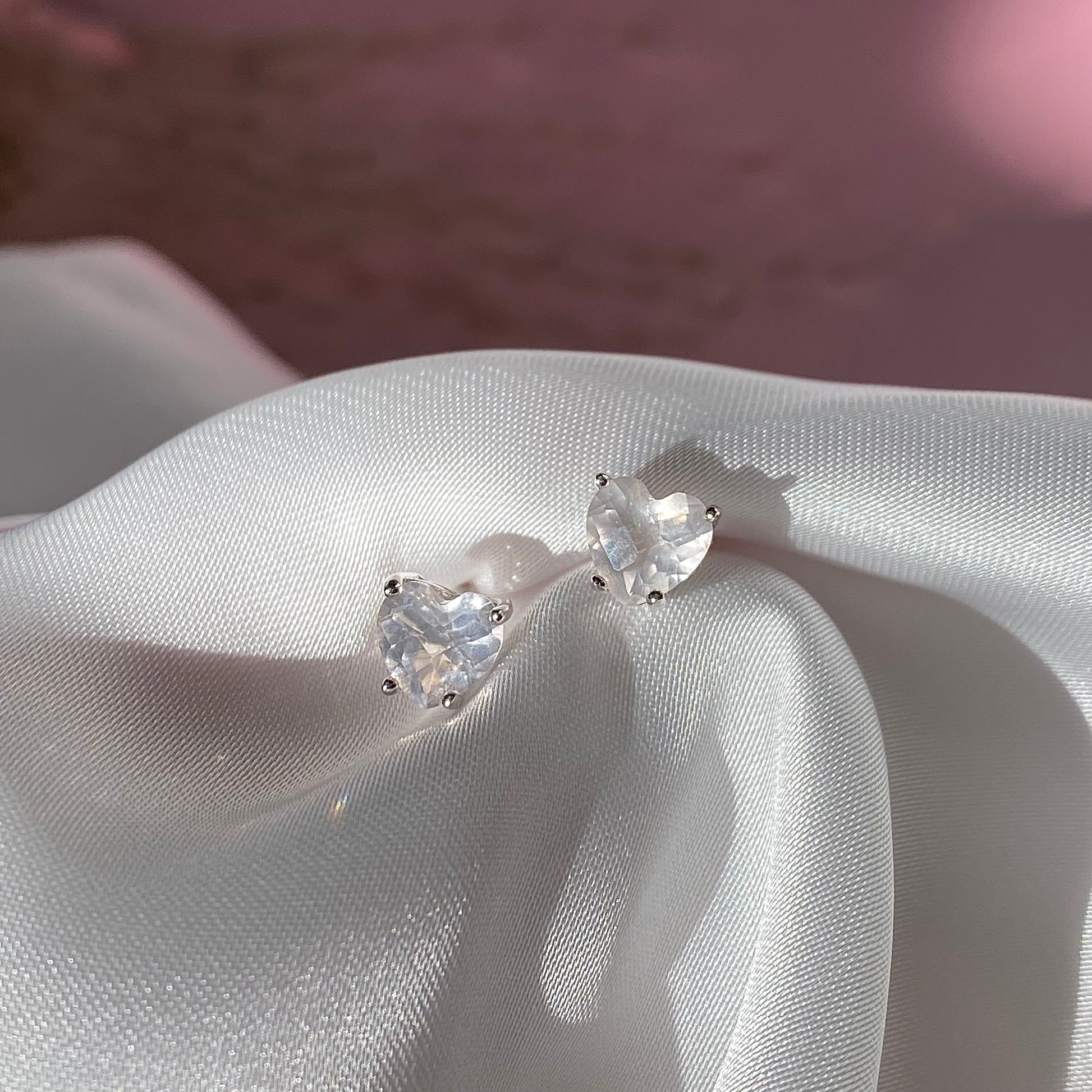 EIGHTMOON Crystal Rose Quartz Heart Stud Earrings, 925 Sterling Silver