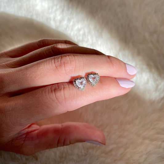 EIGHTMOON Love Heart Rose Quartz & White Topaz Stud Earrings, 925 Sterling Silver Rhodium Plated
