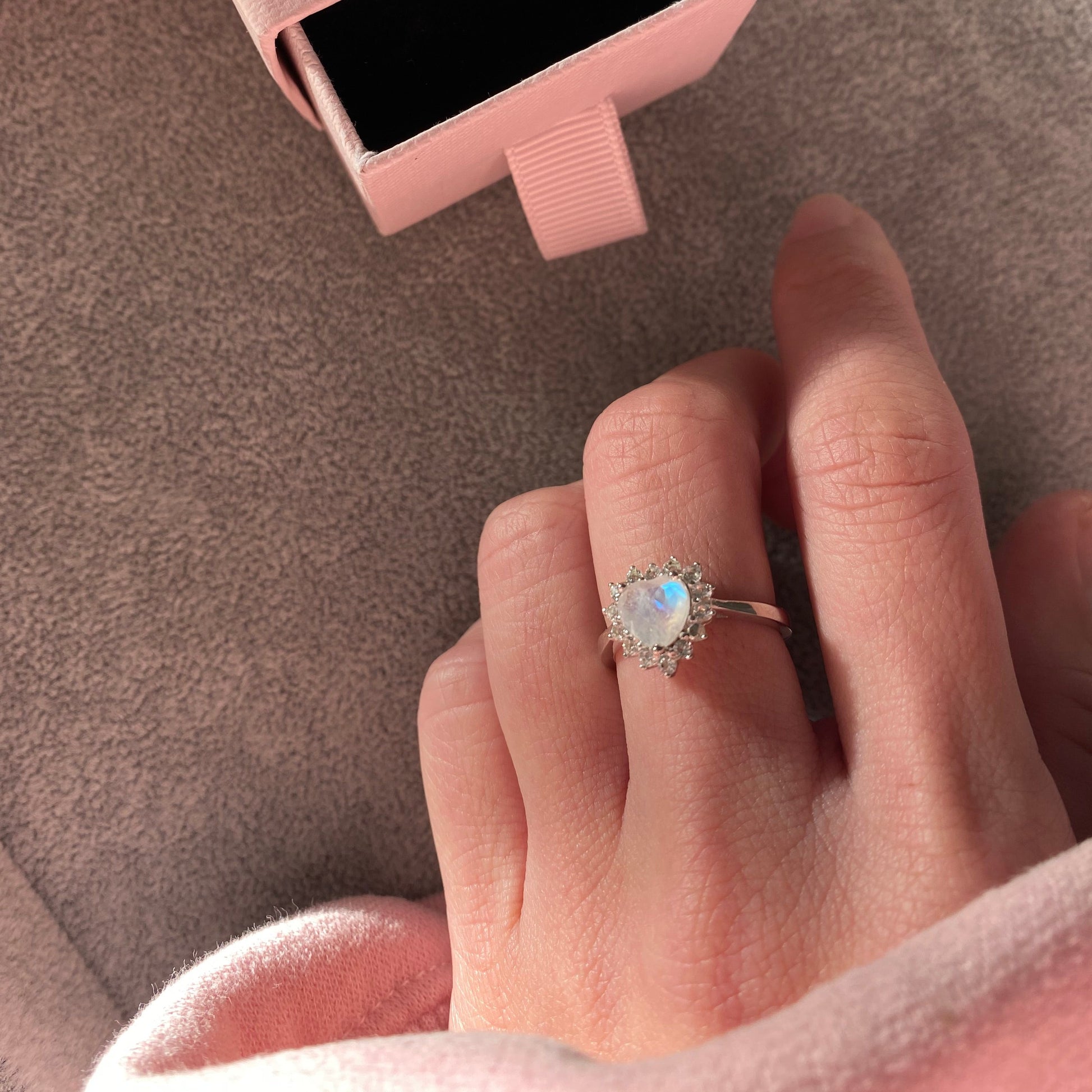 EIGHTMOON Halo Heart Moonstone Ring, 925 Sterling Silver