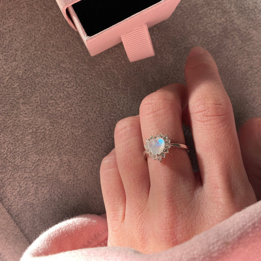 EIGHTMOON Halo Heart Moonstone Ring, 925 Sterling Silver