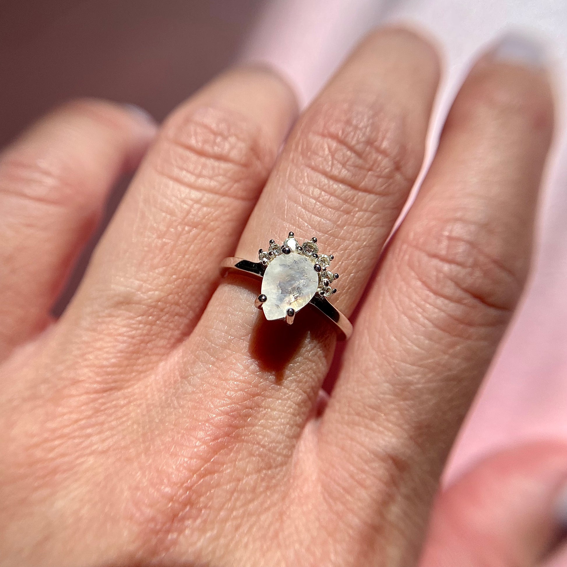 Moonlit Pear Cut Moonstone and White Topaz Ring