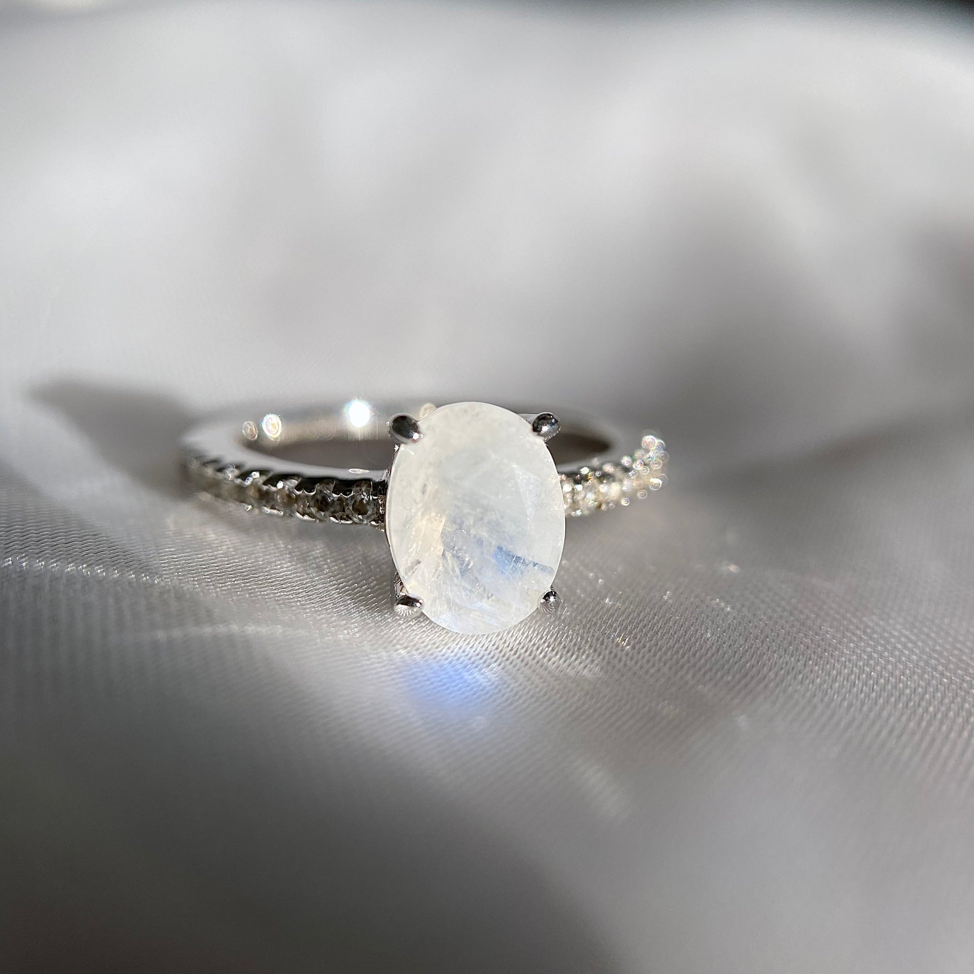 Oval Moonstone Ring with White Topaz Sterling Silver Intuition