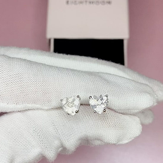 EIGHTMOON Crystal Rose Quartz Heart Stud Earrings, 925 Sterling Silver