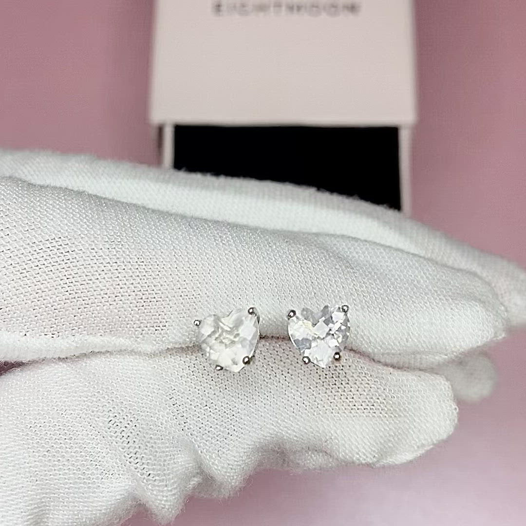EIGHTMOON Crystal Rose Quartz Heart Stud Earrings, 925 Sterling Silver