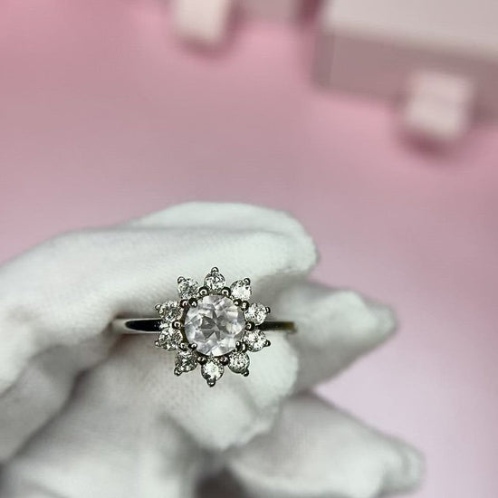 EIGHTMOON Flower Petal Rose Quartz Halo Ring, 925 Sterling Silver